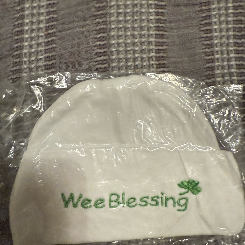 White Baby Hat with Green Embroidery